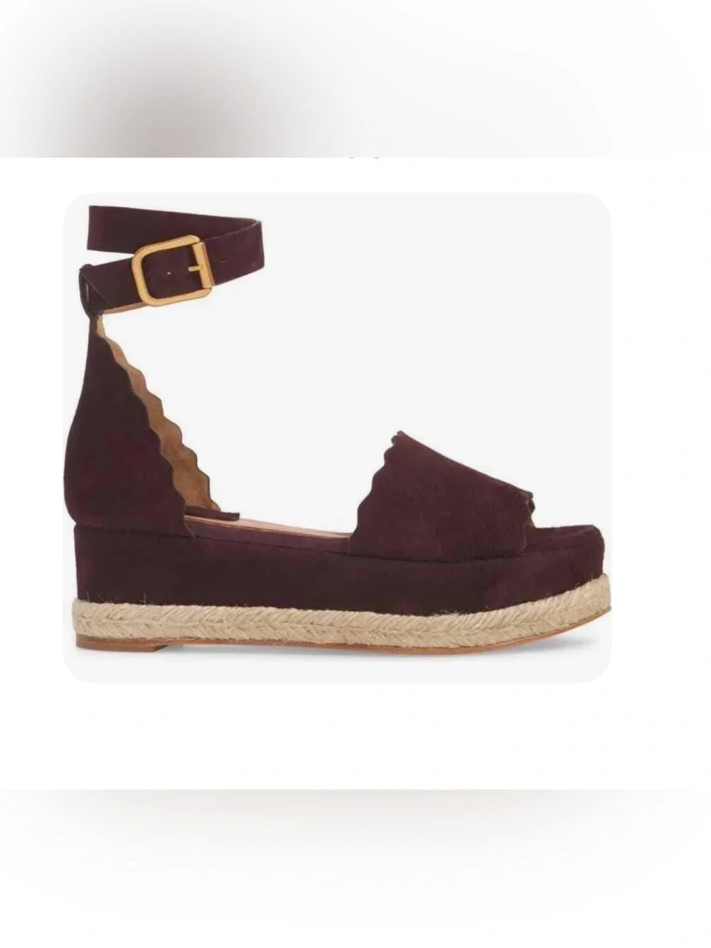 Chloe Lauren Scalloped Ankle-Strap Espadrille in Maroon Burgundy Suede